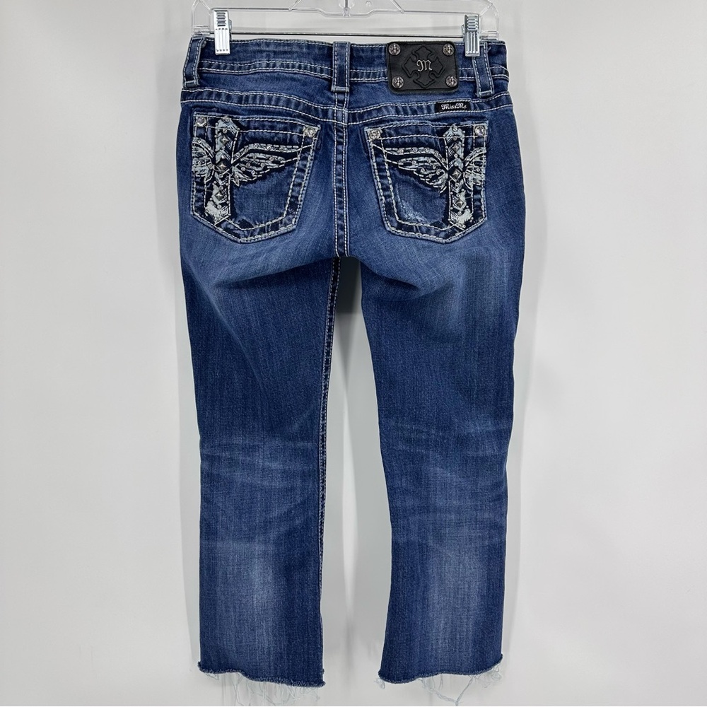 Miss Me Cross Wings Embellished Shortened Cropped Thick Stitch Jean Blue Size 27